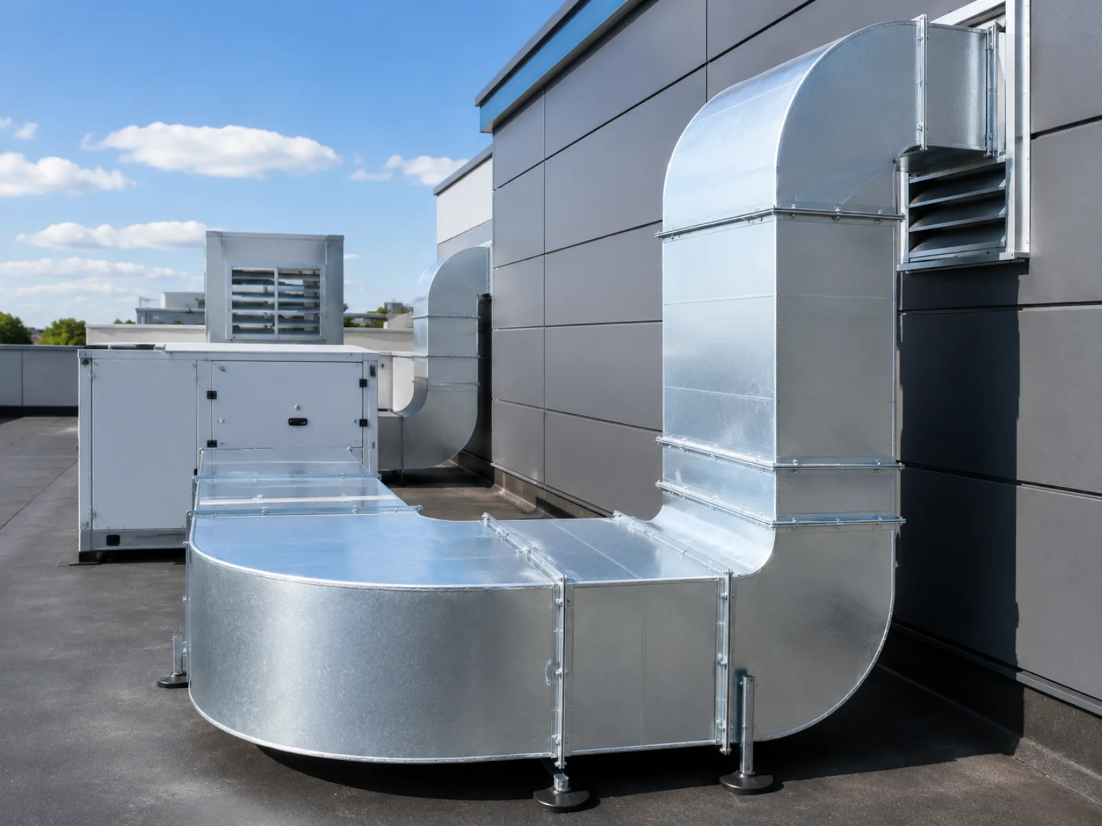 Grosse gaine de ventilation industrielle en toiture sur un bâtiment tertiaire