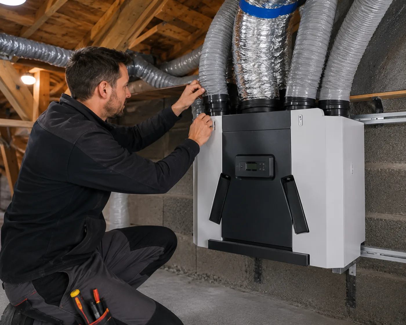 Technicien EUROMED réglant un caisson de VMC à Marseille